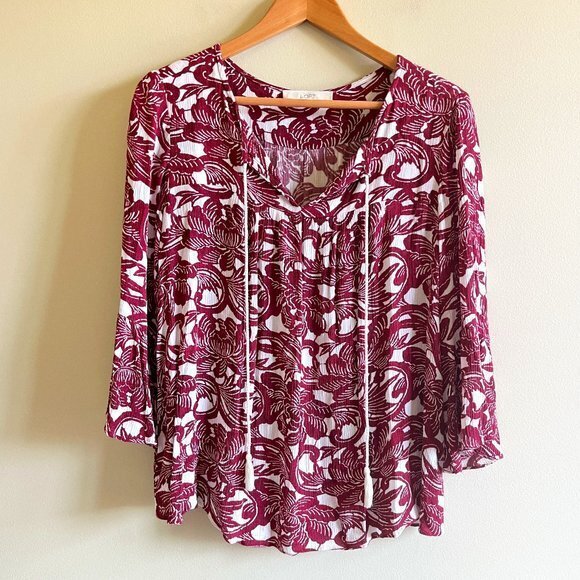 LOFT Burgundy‎ & White Floral Blouse Top 3/4 Bell Sleeve Tie Front Womens Size S - Picture 1 of 5